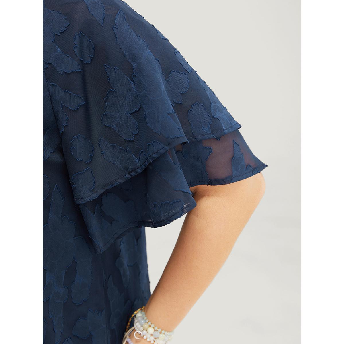 Plus Size Indigo Floral Print Ruffle Tiered Raglan Sleeve Mesh Blouse Women Elegant Short sleeve Round Neck Everyday Blouses BloomChic 18-20/2X Product Image