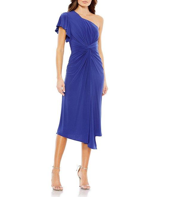 Mac Duggal Asymmetrical Hem One Shoulder Short Flutter Sleeve Ruched Twist Waist Faux Wrap Midi Dress Product Image