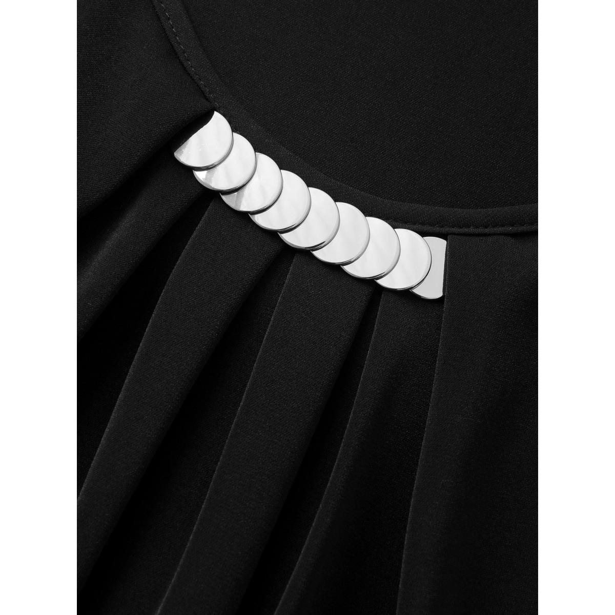 Plus Size Black Metallic Detail Pleated Solid Blouse Women Short sleeve Round Neck Work Blouses BloomChic 12/L Product Image