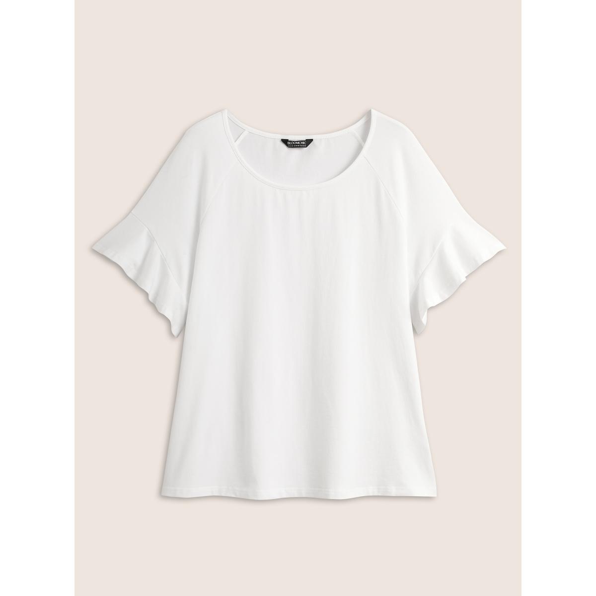 Plus Size Cotton Round Neck Plain Patchwork Ruffles T-shirt Originalwhite Women Timeless Patchwork Round Neck Elegant T-shirts BloomChic 26/4X Product Image