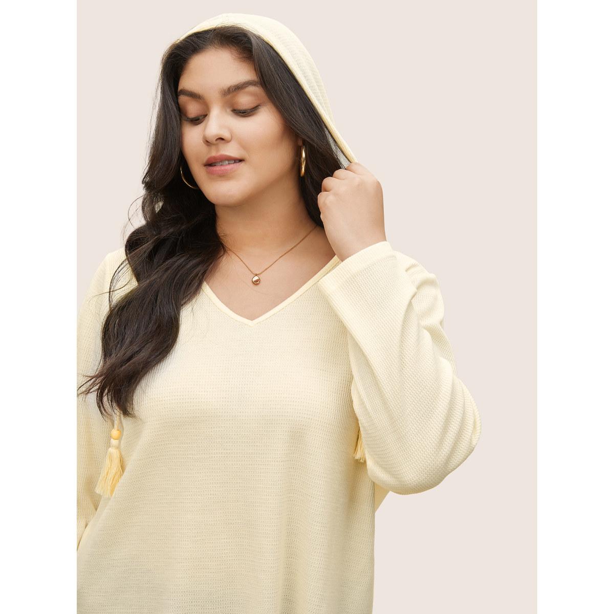Plus Size Plain Waffle Knit Tassel Trim Hooded Sweatshirt Women Beige Casual Tassels V-neck Everyday Sweatshirts BloomChic 10/M Product Image
