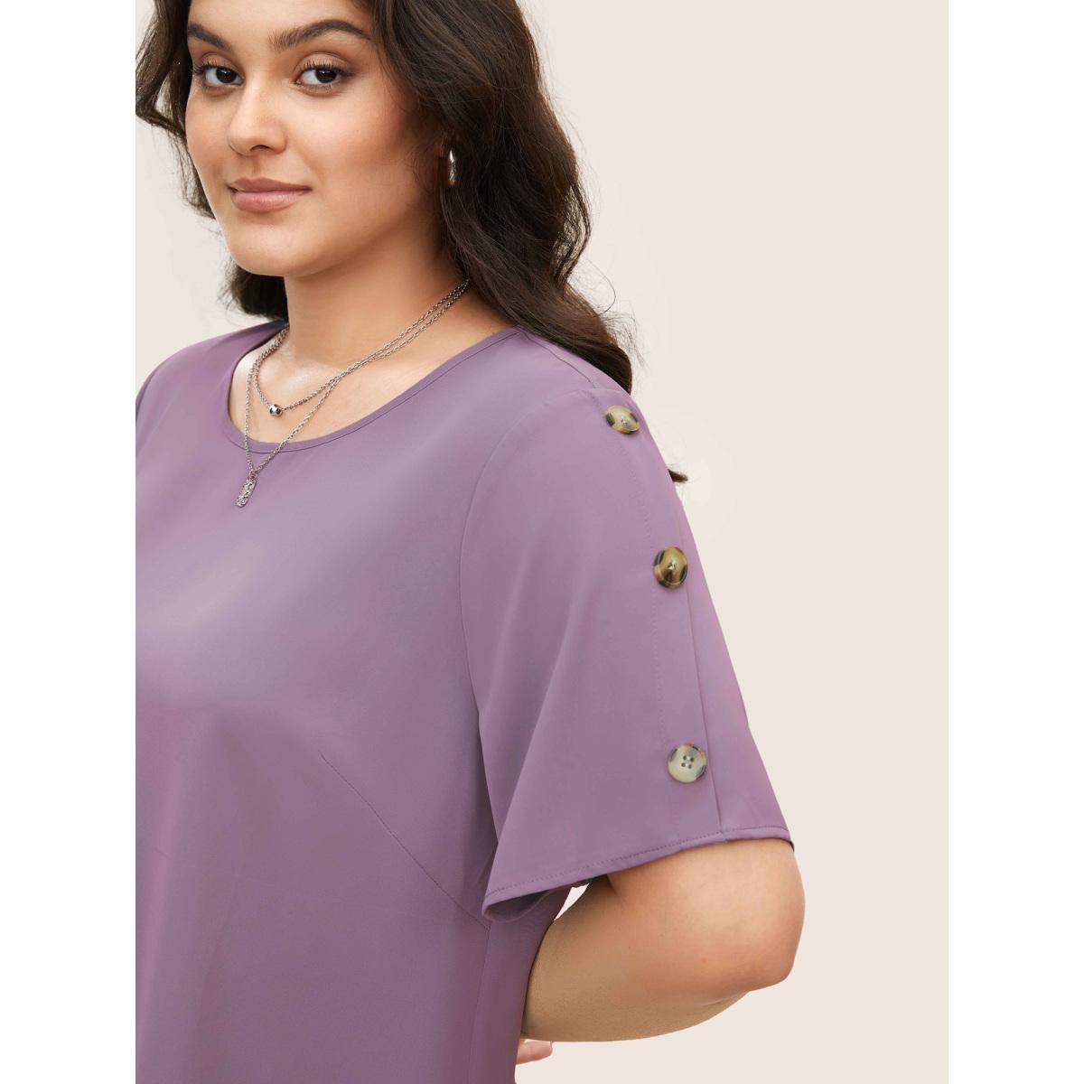 Plus Size Mauve Plain Round Neck Button Detail Blouse Women Casual Short sleeve Round Neck Everyday Blouses BloomChic 14-16/1X Product Image