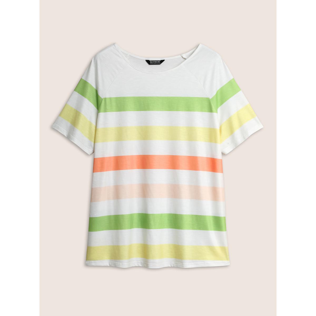 Plus Size Colored Striped Crew Neck Raglan Sleeve T-shirt Multicolor Women Casual Contrast Round Neck Everyday T-shirts BloomChic 12/L Product Image