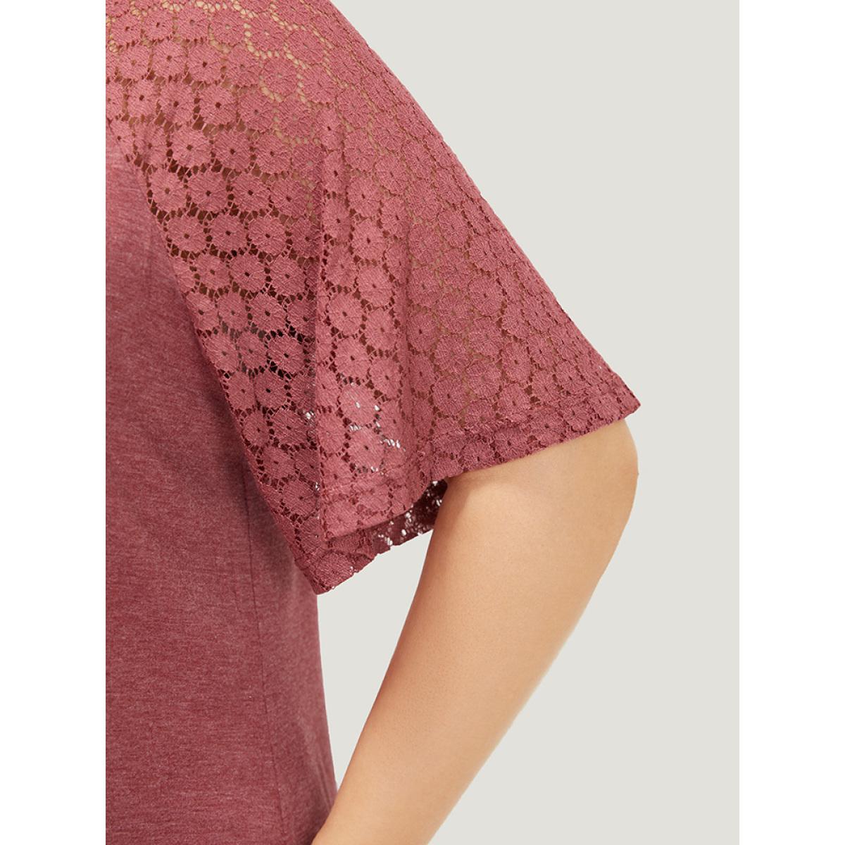 Plus Size Plain Lace Raglan Sleeve Heather Crisscross Neck T-shirt Russet Women Elegant Patchwork Plain V-neck Dailywear T-shirts BloomChic 12/L Product Image