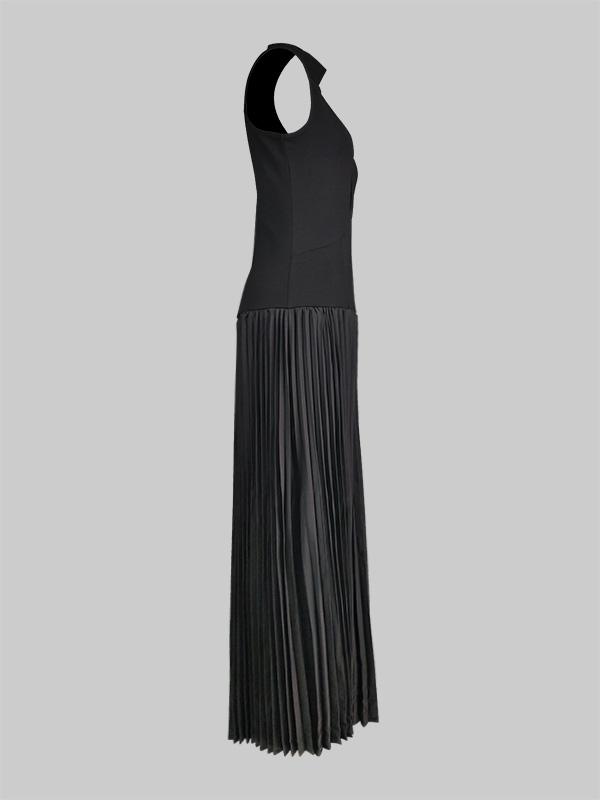 Bodycon Sleeveless Hollow Pleated Solid Color Split-Joint Mock Neck Maxi Dresses Product Image