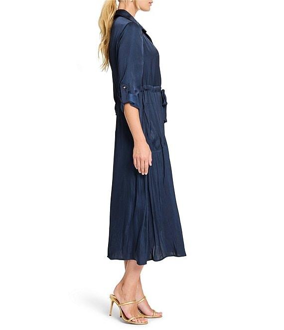 NIC + ZOE Glossy Crinkle Julie Point Collar Long Roll Tab Sleeve Midi Dress Product Image