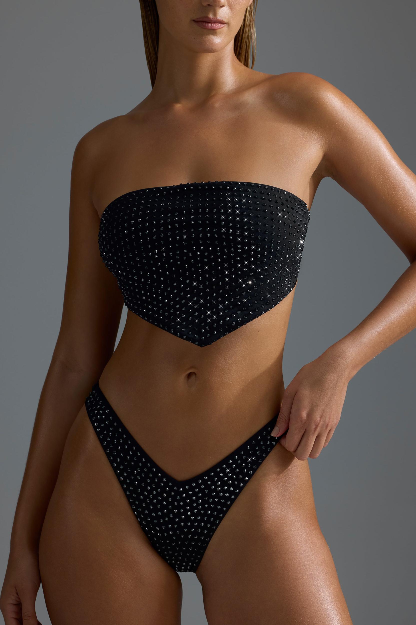 Embellished Scarf Bandeau Bikini Top in Black Product Image