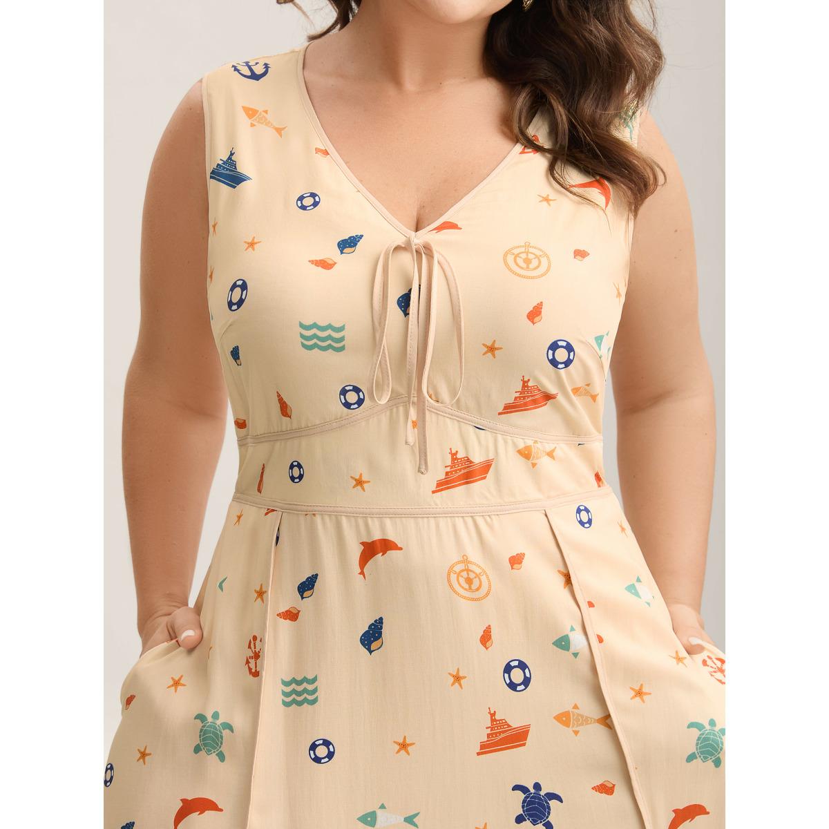 Plus Size Rayon Ocean Print Cinched Waist Midi Dress Tan Women V-neck Sleeveless Curvy BloomChic 26/4X Product Image