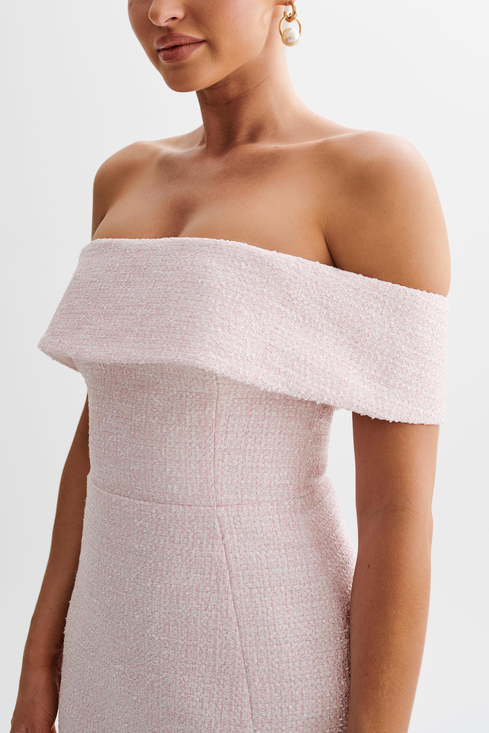 Helena Tweed Off Shoulder Mini Dress - Pink Product Image