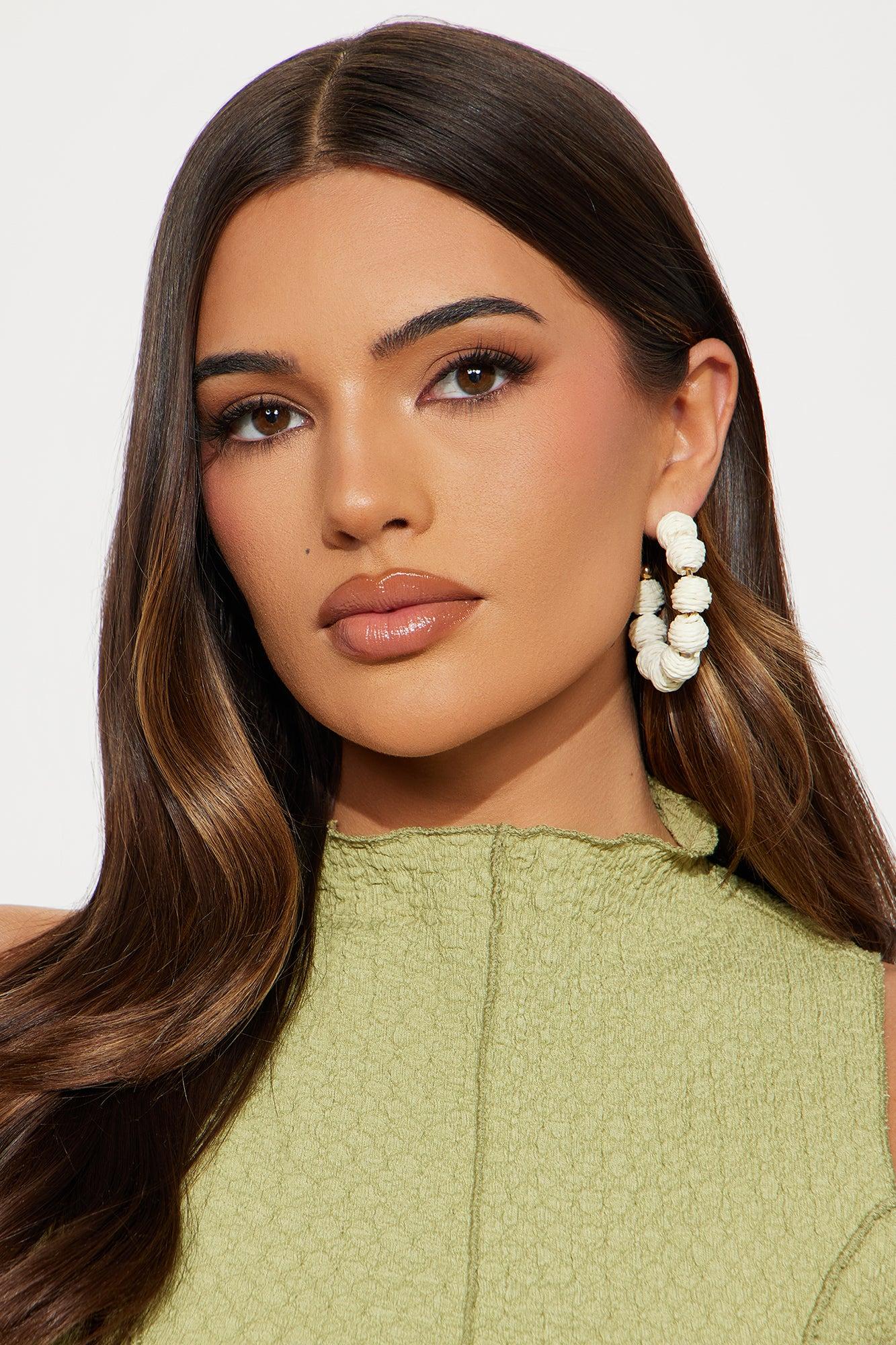 Thalia Beaded Straw Hoop Earrings  - Cream Female Product Image