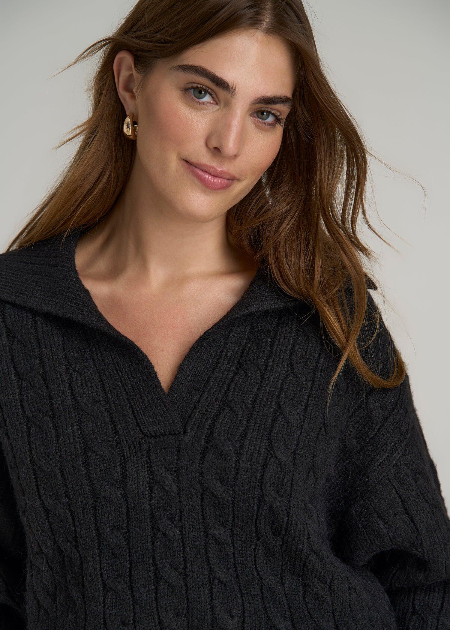 Johnny Collar Cable Knit Sweater for Tall Women in Black Female Product Image