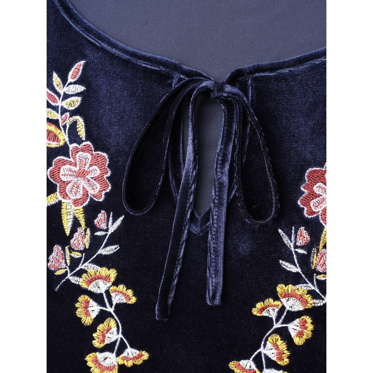 Plus Size Indigo Floral Embroidered Velvet Tie Knot Blouse Women Elegant Long Sleeve V-neck Everyday Blouses BloomChic 14-16/1X Product Image