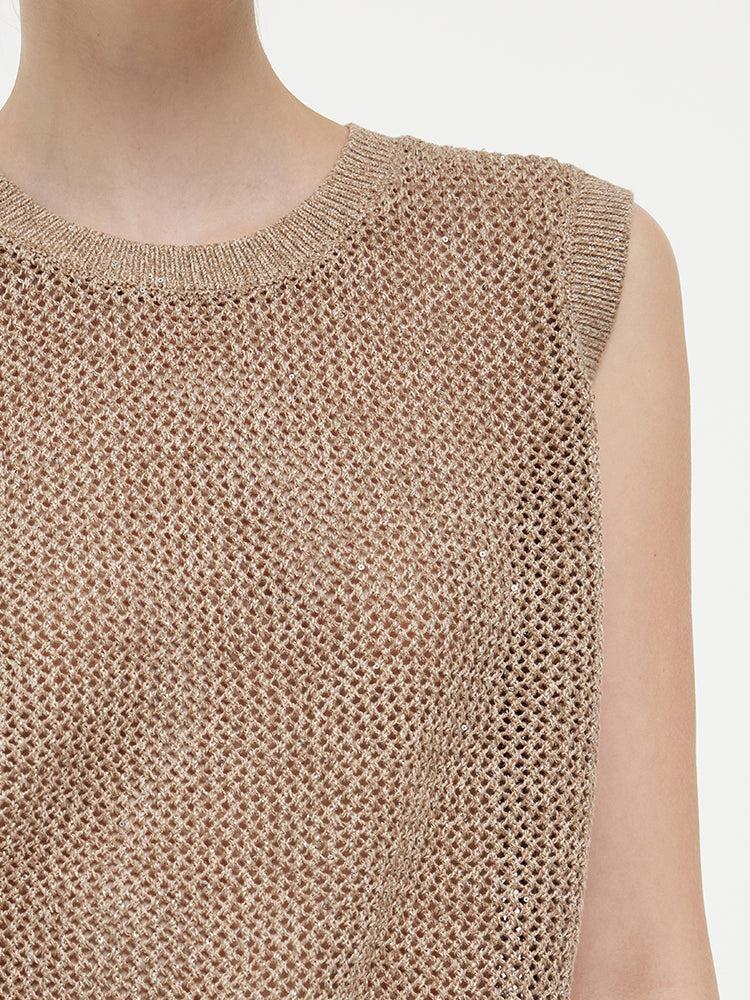 Linen Sequin-Embellished Women Open-Knit Tank Top Product Image