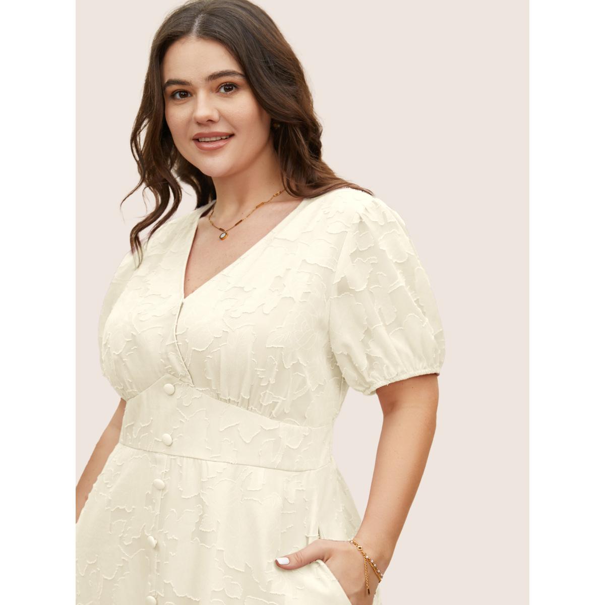 Plus Size Solid Textured Lantern Sleeve Button Detail Dress Beige Women Elegant Button V-neck Short sleeve Curvy BloomChic 18-20/2X Product Image
