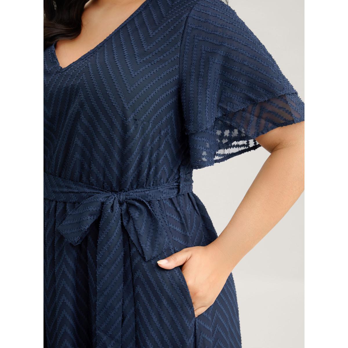 Plus Size Texture Tiered Ruffle Sleeve See Through Dress Navy Women Romantic Texture V-neck Half Sleeve Curvy BloomChic 28/5X Product Image