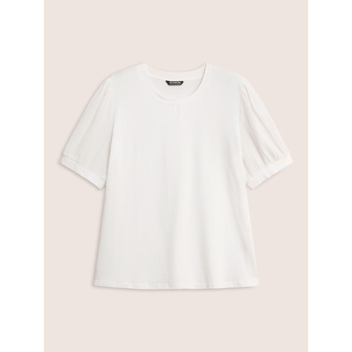 Plus Size Plain Textured Patchwork Lantern Sleeve T-Shirt WhiteSmoke Women Leisure Texture Round Neck Casual T-shirts BloomChic 14-16/1X Product Image