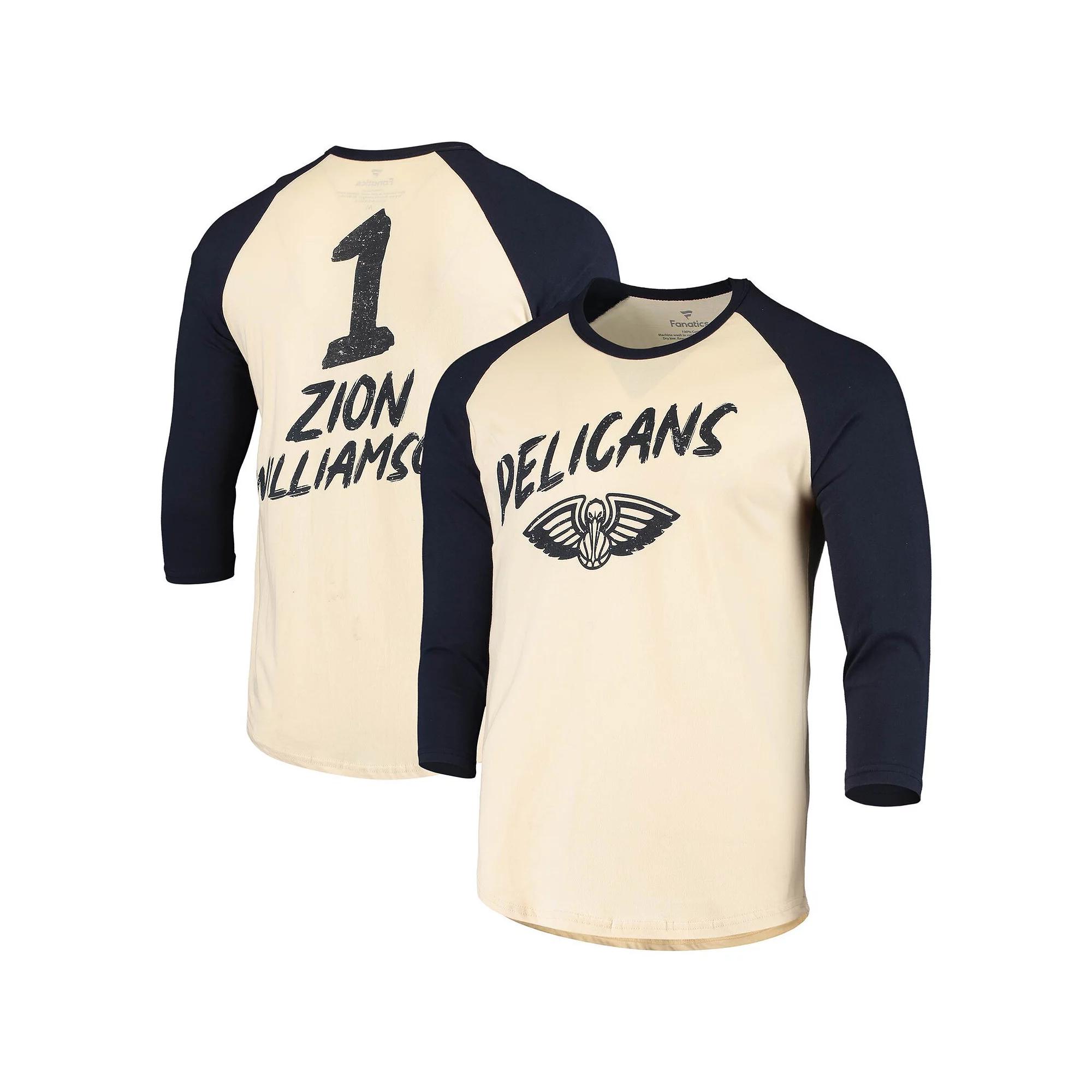 Men's Fanatics Branded Zion Williamson Cream/Navy New Orleans Pelicans Raglan 3/4 Sleeve T-Shirt, Size: XL, Beige Product Image
