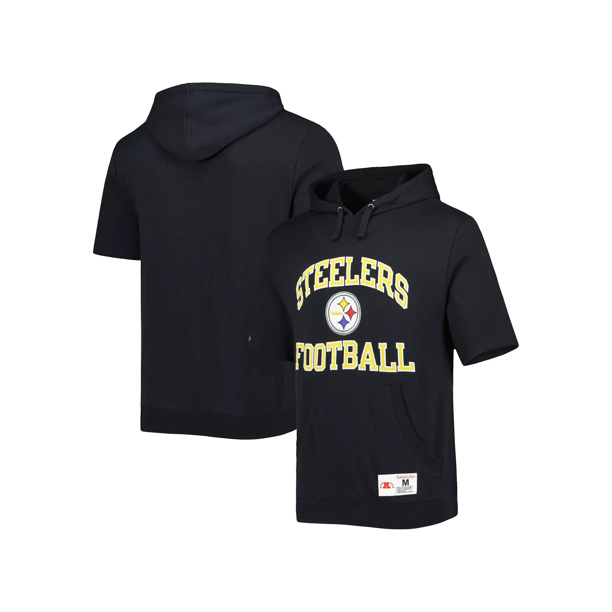 Men's Mitchell & Ness Black Pittsburgh Steelers Washed Short Sleeve Pullover Hoodie, Size: Medium Product Image