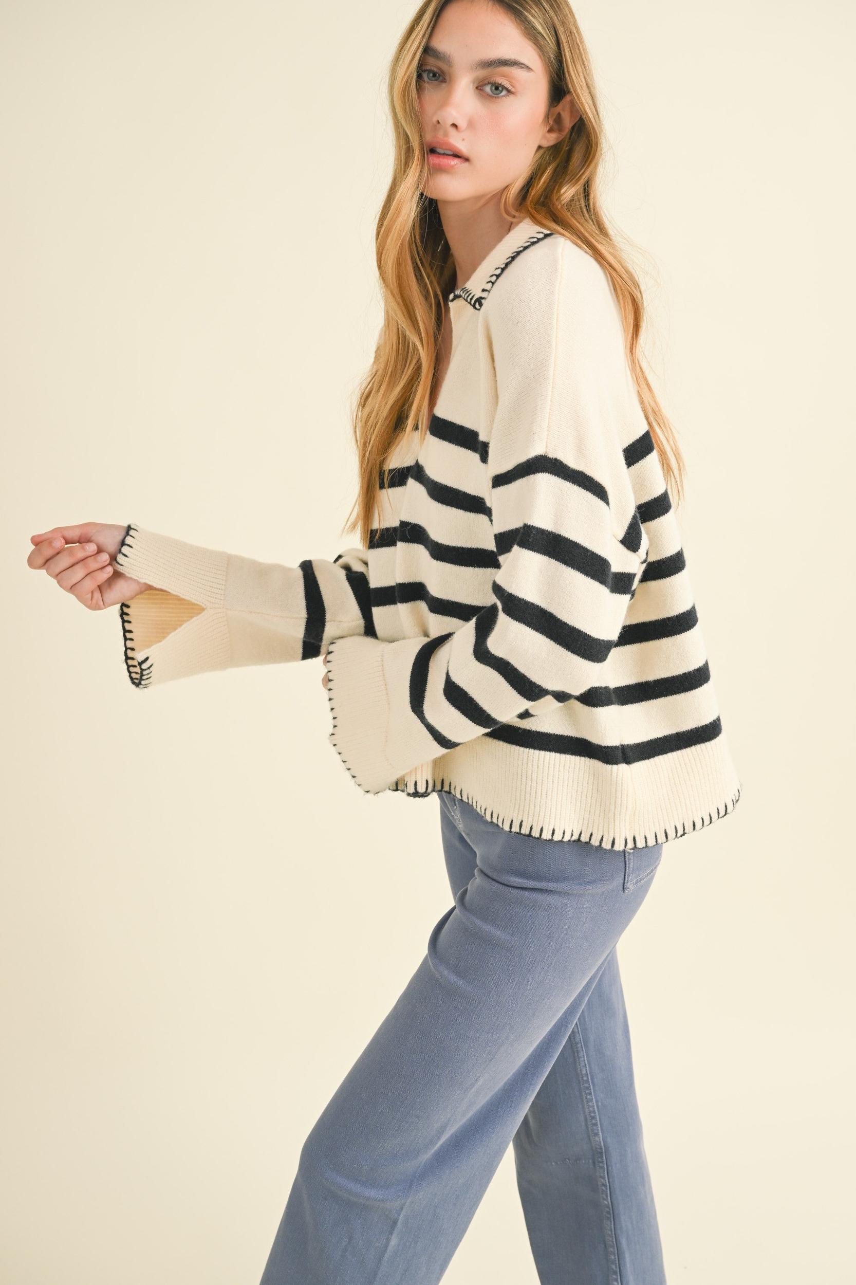 Detailed Collar Stripe Comfy Sweater Product Image