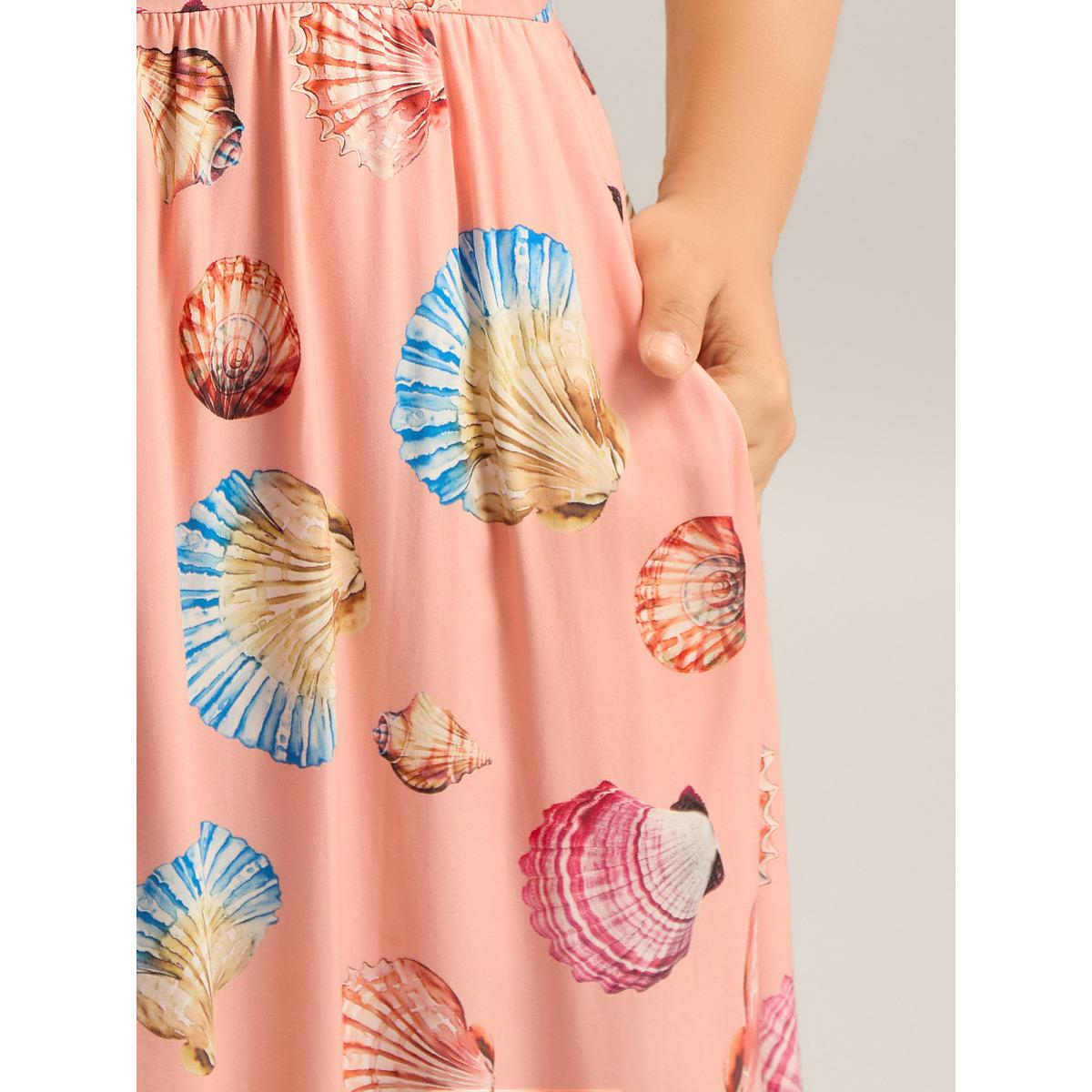 Plus Size Rayon Adjustable Strap Shell Print Midi Dress Lightorange Women Non Sleeveless Curvy BloomChic 12/L Product Image