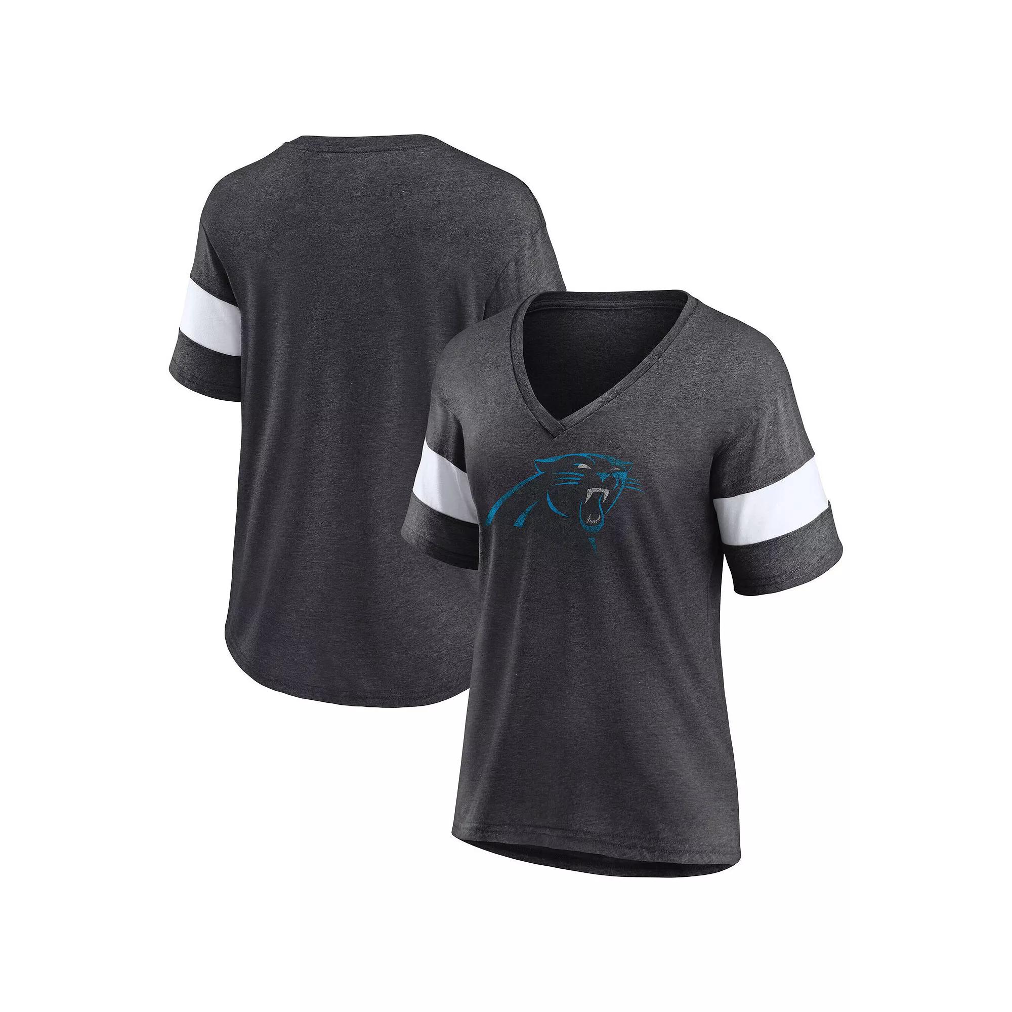 Women's Fanatics Heathered Charcoal/White Carolina Panthers Distressed Team Tri-Blend V-Neck T-Shirt, Size: Large Product Image
