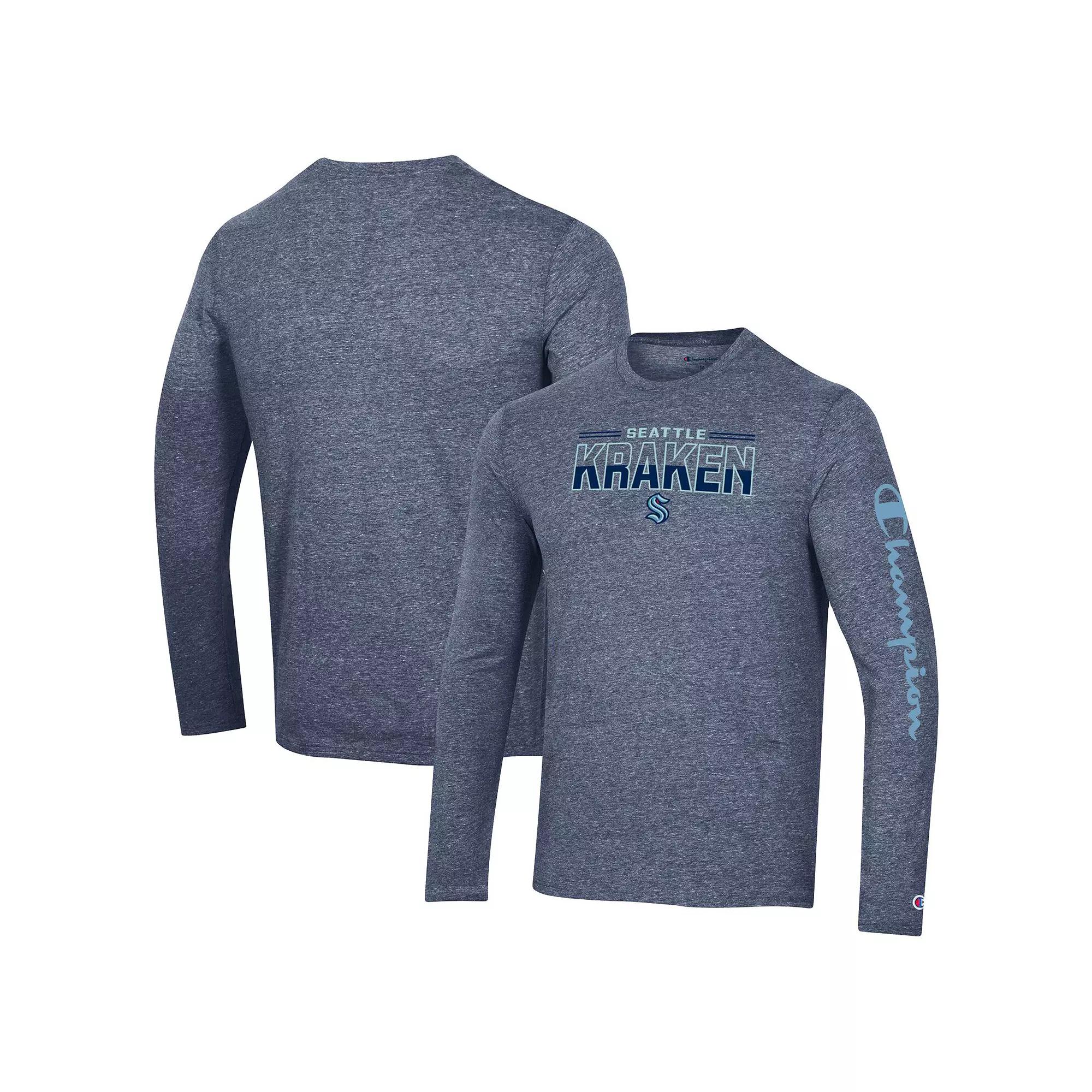 Men's Champion Heather Navy Seattle Kraken Tri-Blend Long Sleeve T-Shirt, Size: Medium, Krk Blue Product Image