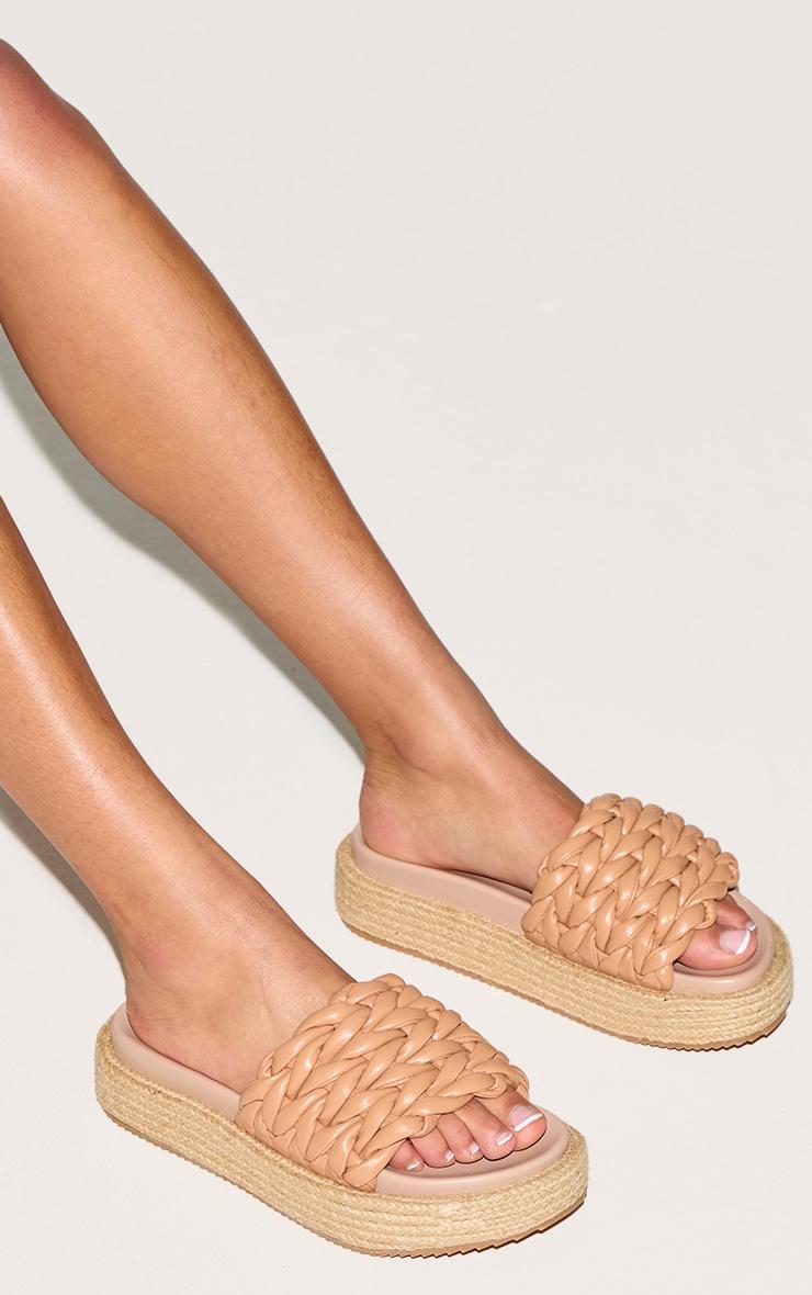 Tan Pu Woven Round Toe Platform Chunky Espadrille Sandals Product Image