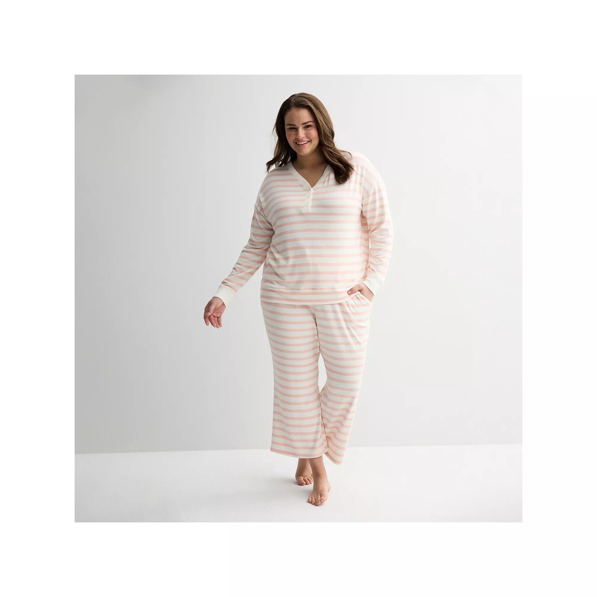 Plus Size Sonoma Goods For Life® Long Sleeve Henley Pajama Top, Women's, Size: 1XL, Ivory Pink Stripe Product Image