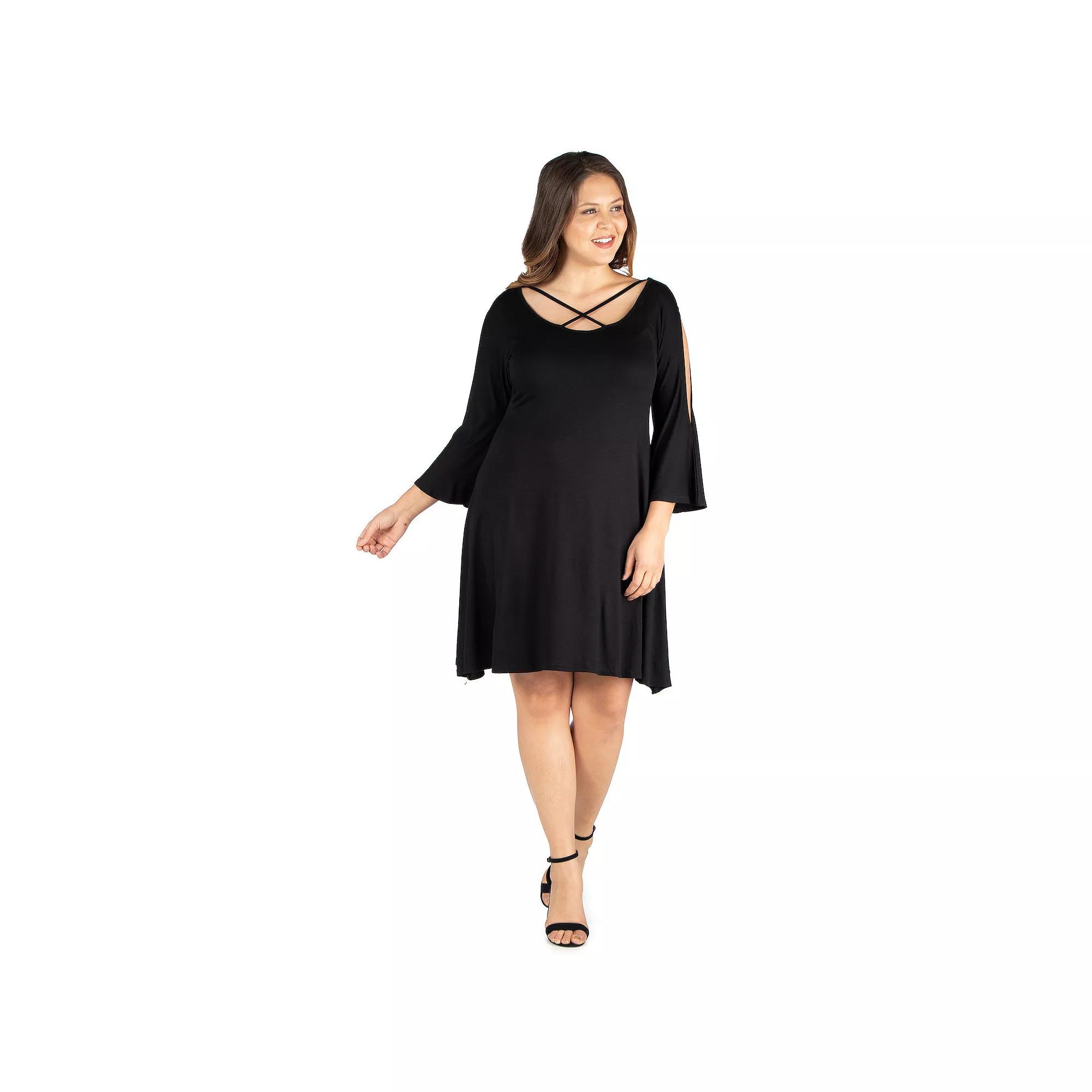 Plus Size 24seven Comfort Apparel Criss Cross Neckline Cold Shoulder Dress, Women's, Size: 2XL, Black Product Image