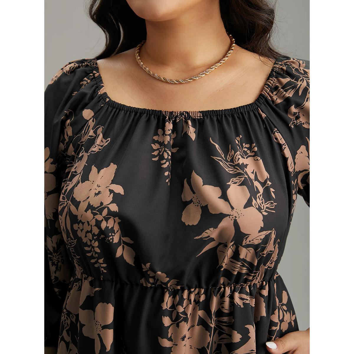 Plus Size Silhouette Floral Print Elastic Cuffs Dress Black Women Elegant Elastic cuffs Square Neck Elbow-length sleeve Curvy Midi Dress BloomChic 26/4X Product Image