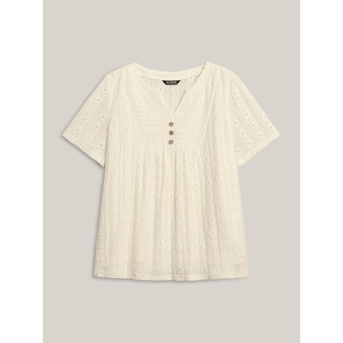 Plus Size Textured Pleated Split Neck T-Shirt WhiteSmoke Women Romantic Texture Flat collar with V-notch Elegant T-shirts BloomChic 30/6X Product Image