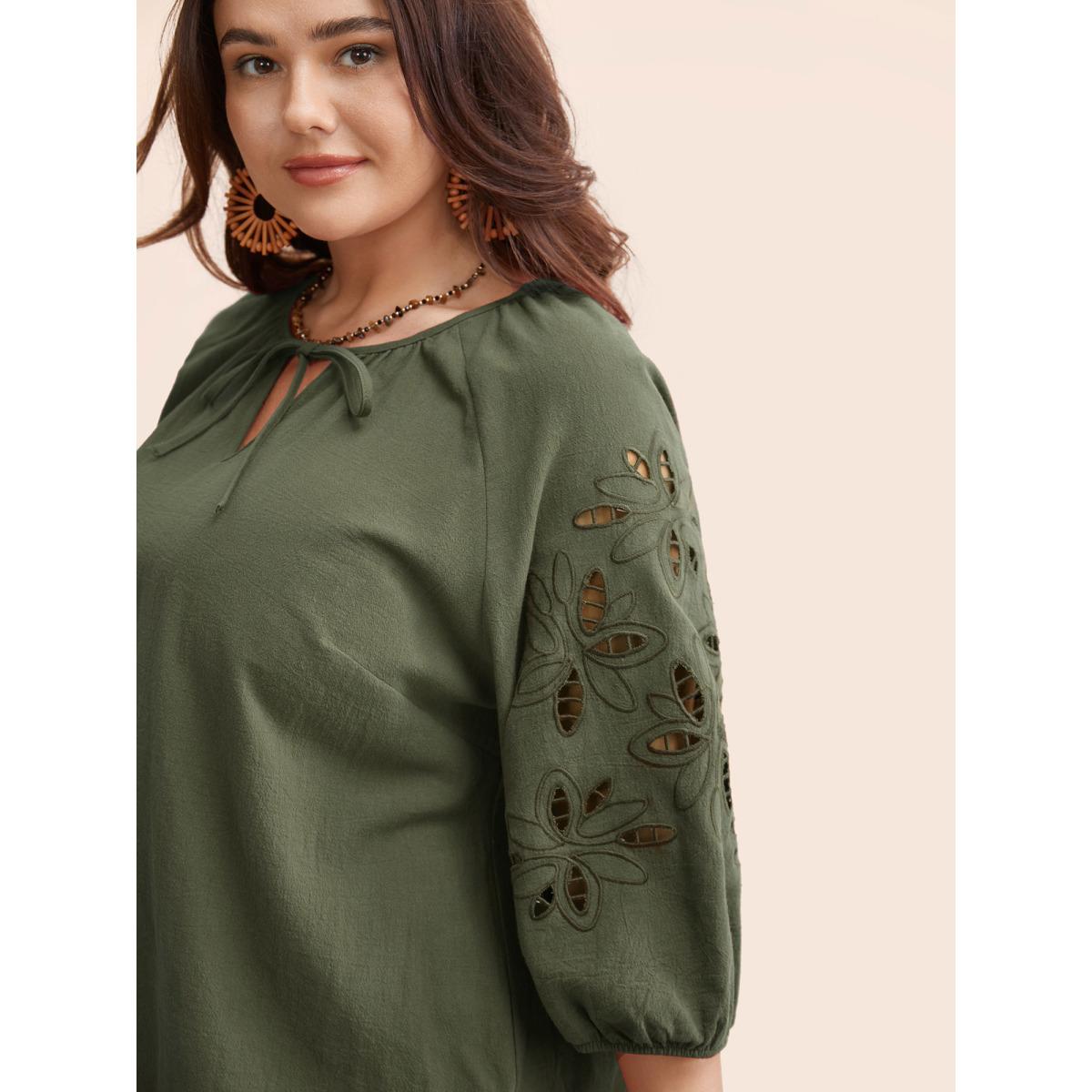 Plus Size Rust Broderie Anglaise Gathered Tie Knot Blouse Women Resort Elbow-length sleeve Round Neck Vacation Blouses BloomChic 26/4X Product Image