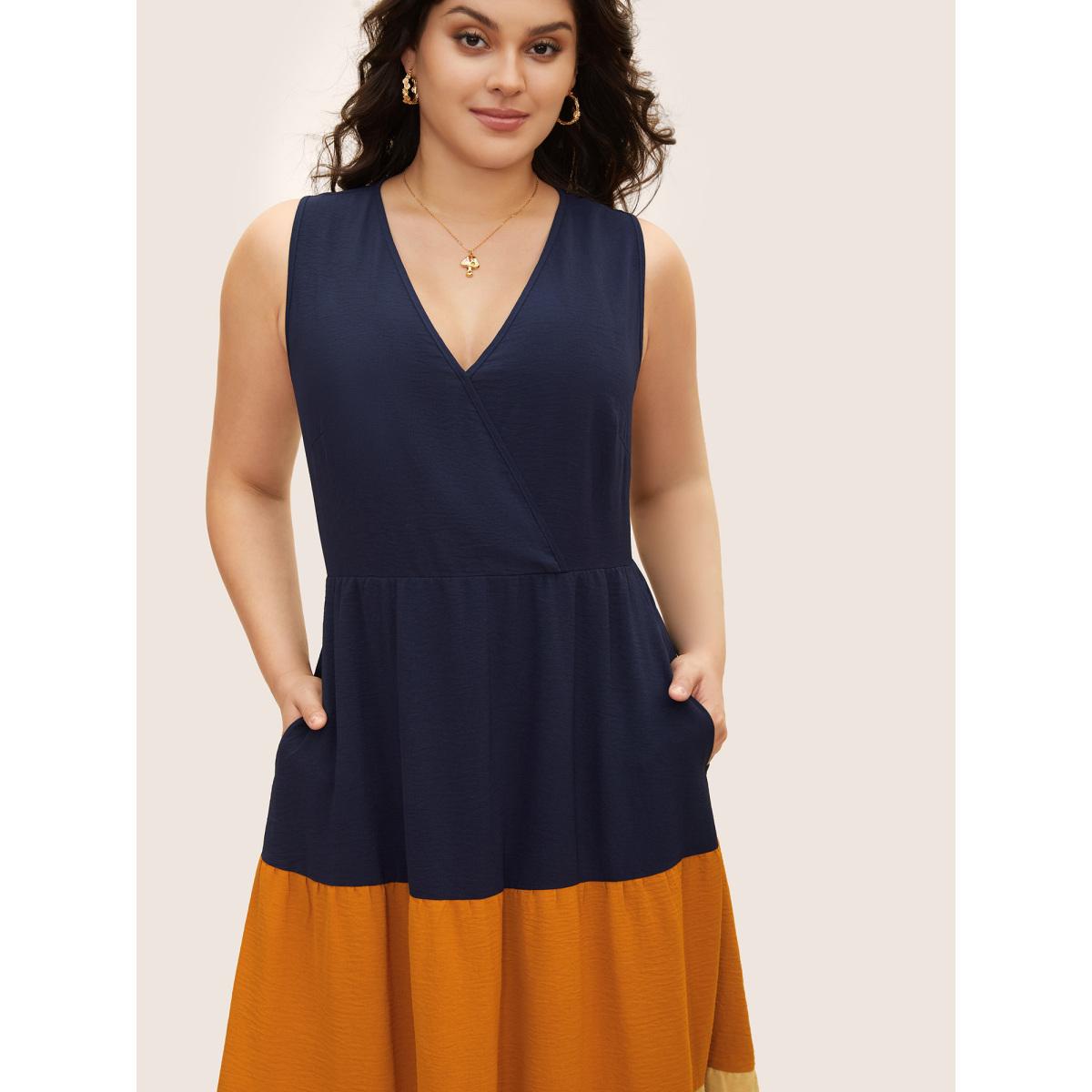Plus Size Patchwork Contrast Overlap Collar Sleeveless Dress Indigo Women Elegant Contrast Overlap Collar Sleeveless Curvy BloomChic 12/L Product Image
