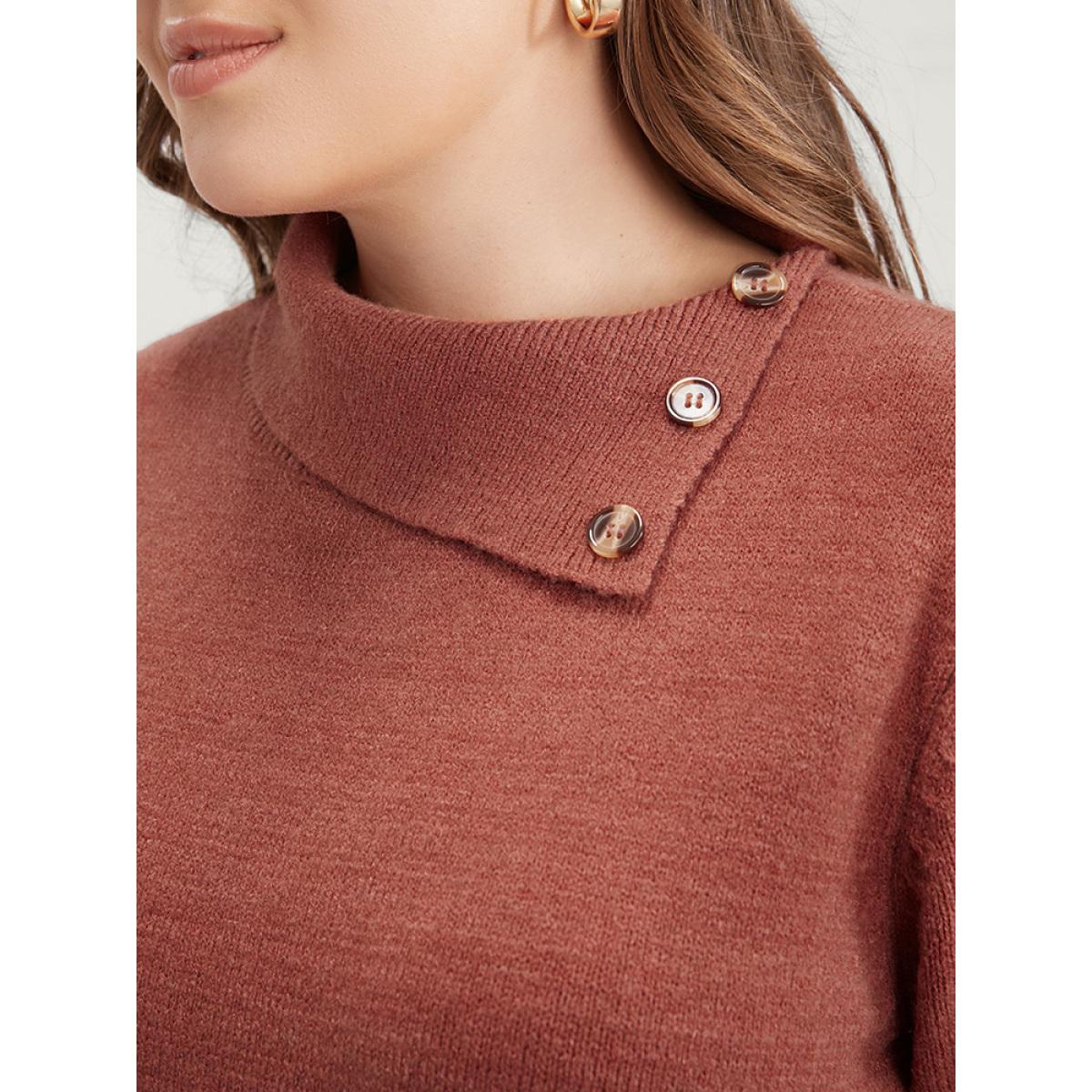 Plus Size Solid Super Soft Plush Knit Button Detail Asymmetrical Knit Top Rust Women Casual Loose Long Sleeve Dailywear Pullovers BloomChic 28/5X Product Image