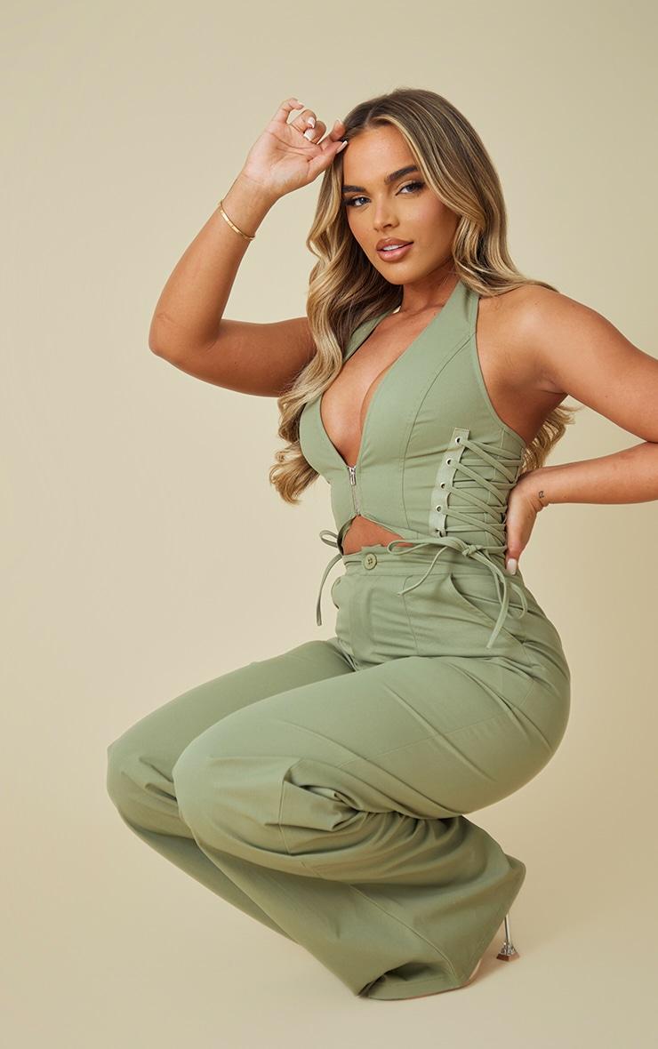 Light Khaki Woven Halter Zip Detailed Lace Up Jumpsuit Product Image
