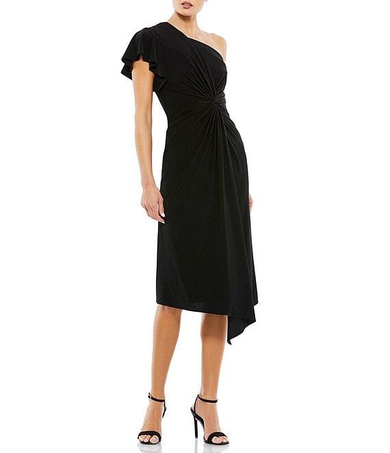 Mac Duggal Asymmetrical Hem One Shoulder Short Flutter Sleeve Ruched Twist Waist Faux Wrap Midi Dress Product Image