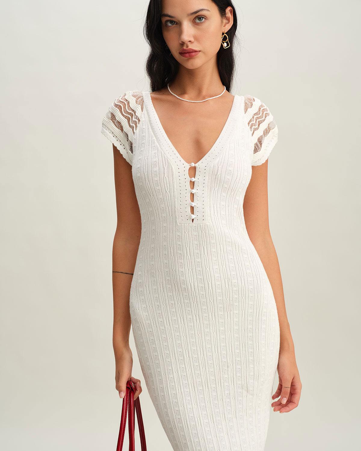 White Crochet Bodycon Sweater Dress Product Image