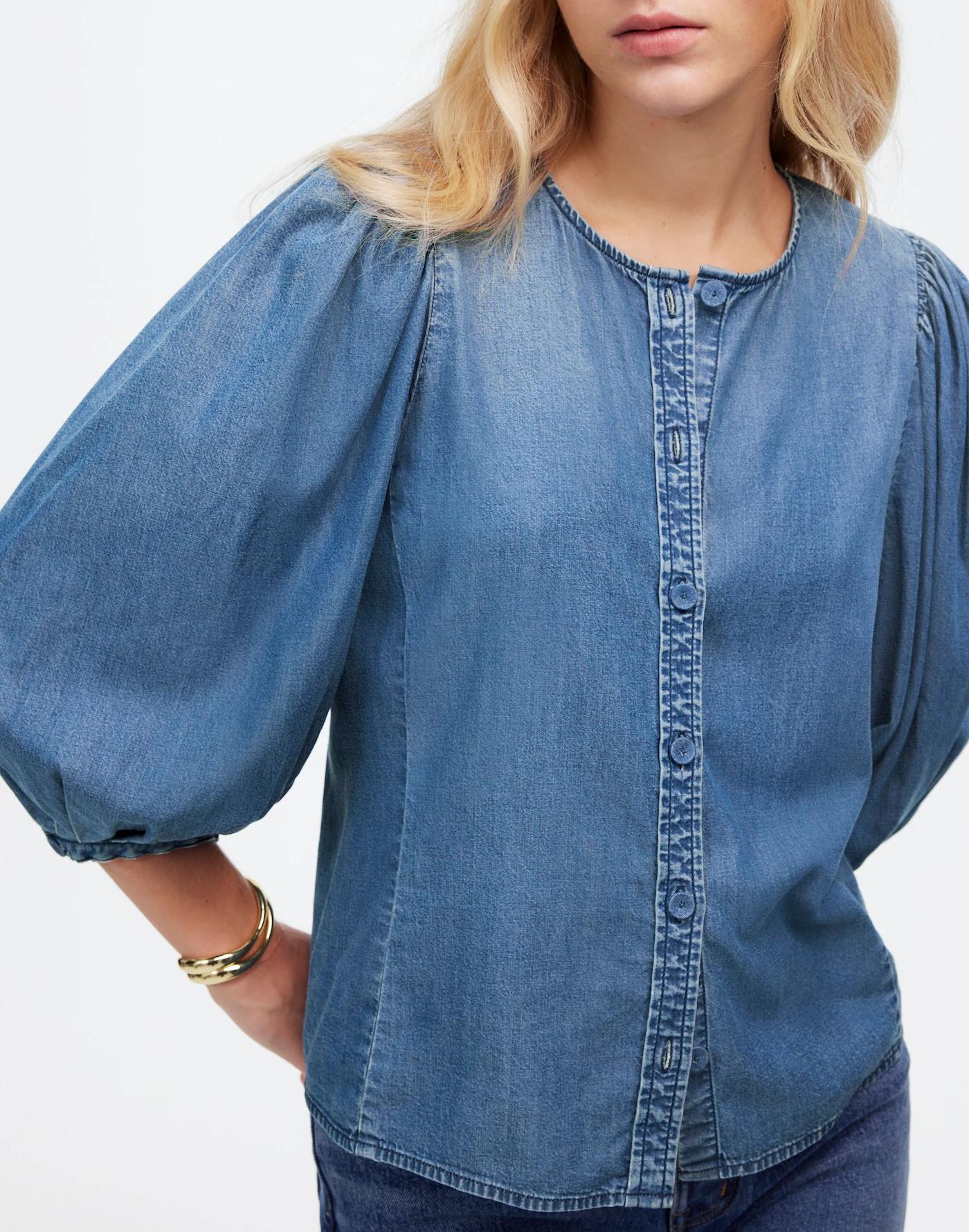 Denim Puff-Sleeve Button-Up Top Product Image