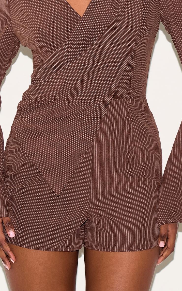 Brown Pinstripe Peachskin Wrap Front Long Sleeve Romper Product Image