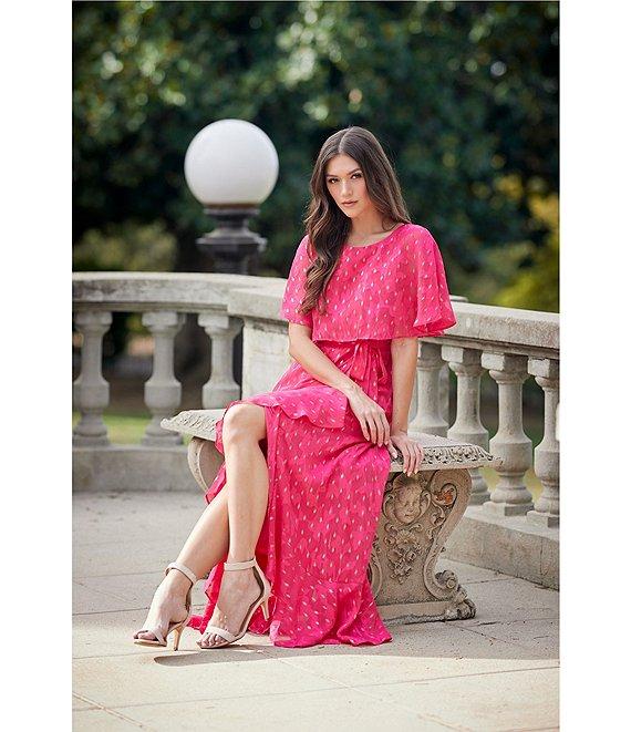 Moda Tara Foil Chiffon Short Capelet Sleeve Crew Neck Ruffle Skirt Maxi Dress Product Image