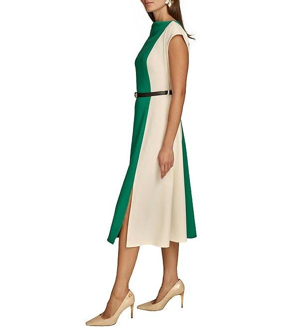 Donna Karan Color Block Boat Neck Cap Sleeve Belted Cady Crepe A-Line Midi Dress Product Image