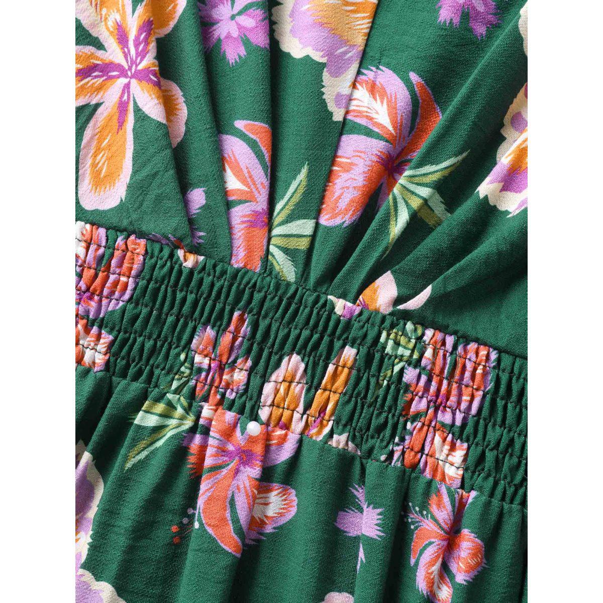 Plus Size Large Floral Print Shirred Waist Midi Dress DarkGreen Women V-neck Short sleeve Curvy BloomChic 10/M Product Image