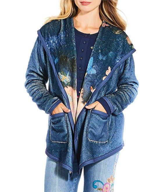 JOHNNY WAS Joan Reversible Print To Solid Sherpa Knit Shawl Collar Long Sleeve Open-Front Hooded Jacket Product Image