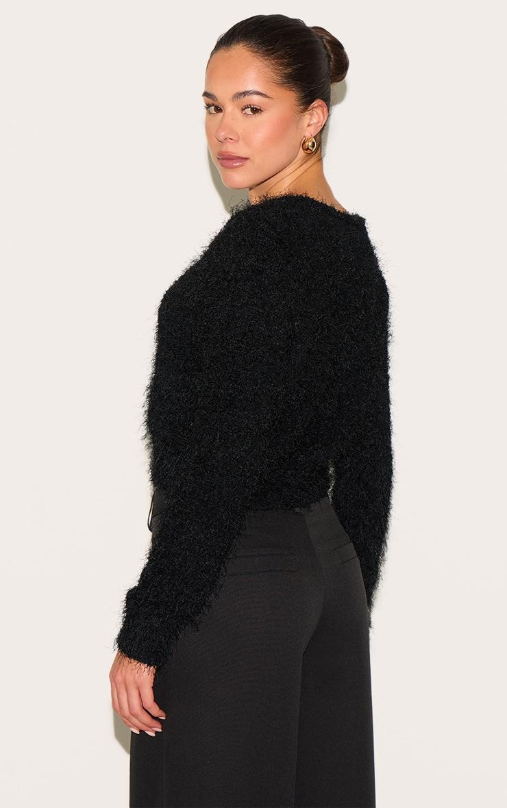 Black Textured Fluffy Knit Button Up Cardigan Product Image