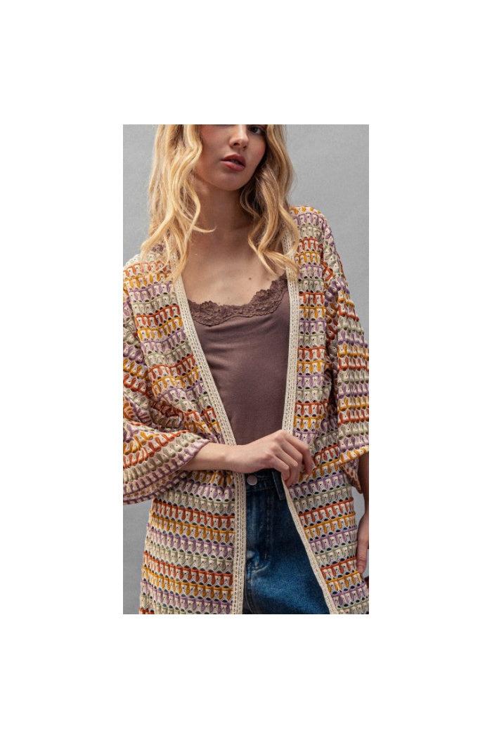 Geometric Crochet Kimono Sleeve Midi Cardigan Product Image