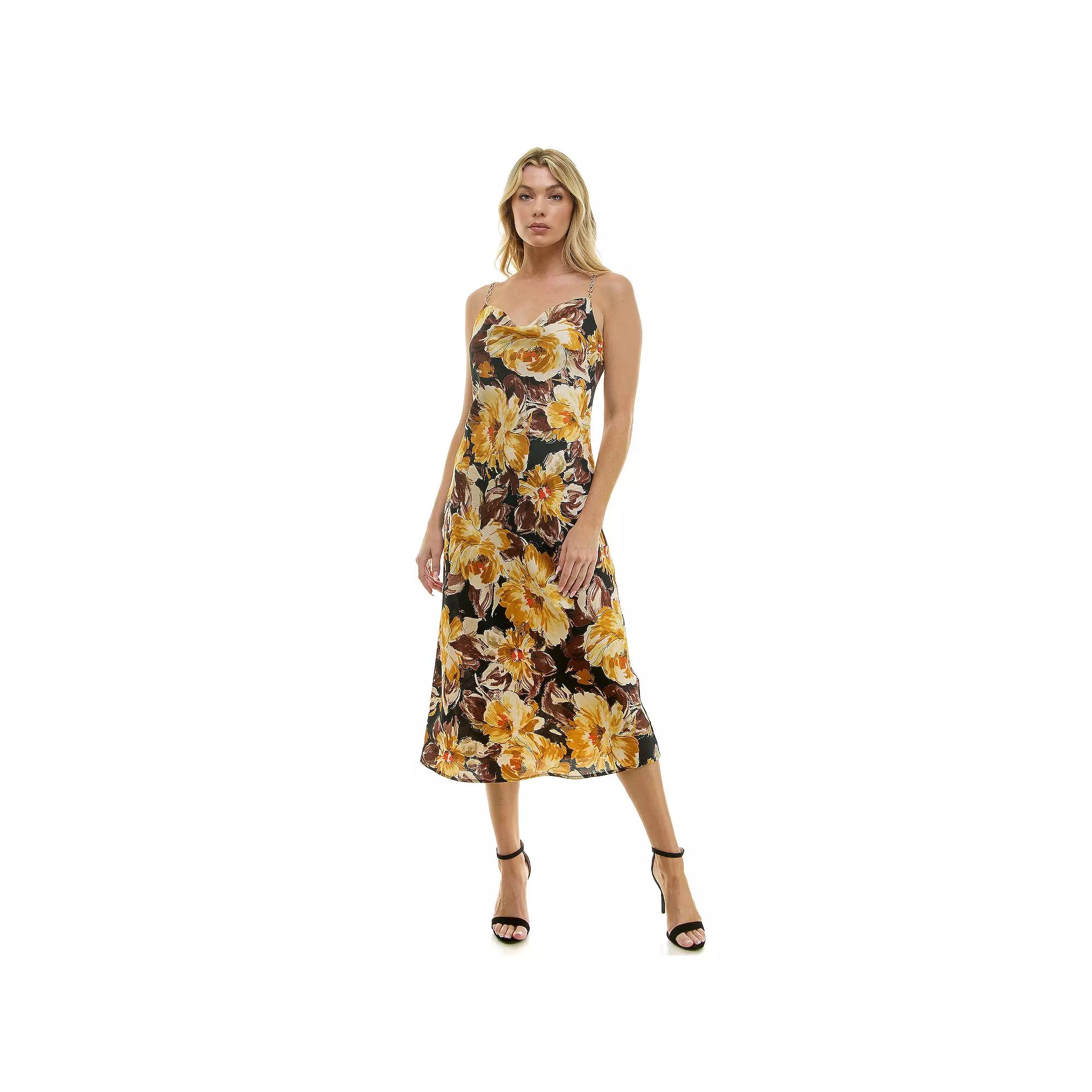 Women's Luxology Novelty Chain Strap Satin Midi Dress, Size: Medium, Gold Olive Ivory Product Image