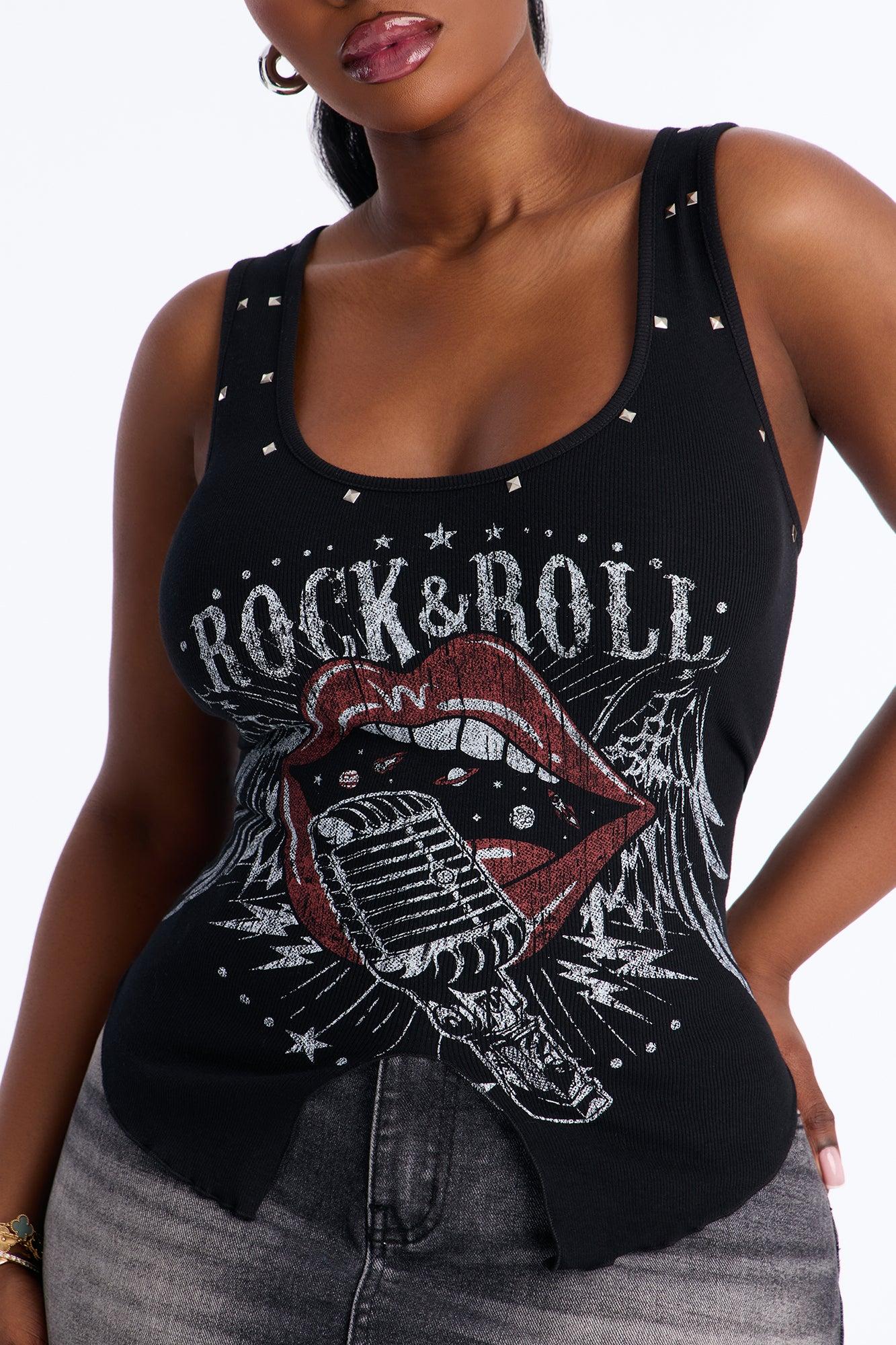 Rock N Roll Lip Studded Ribbed Tank - Black Female Product Image