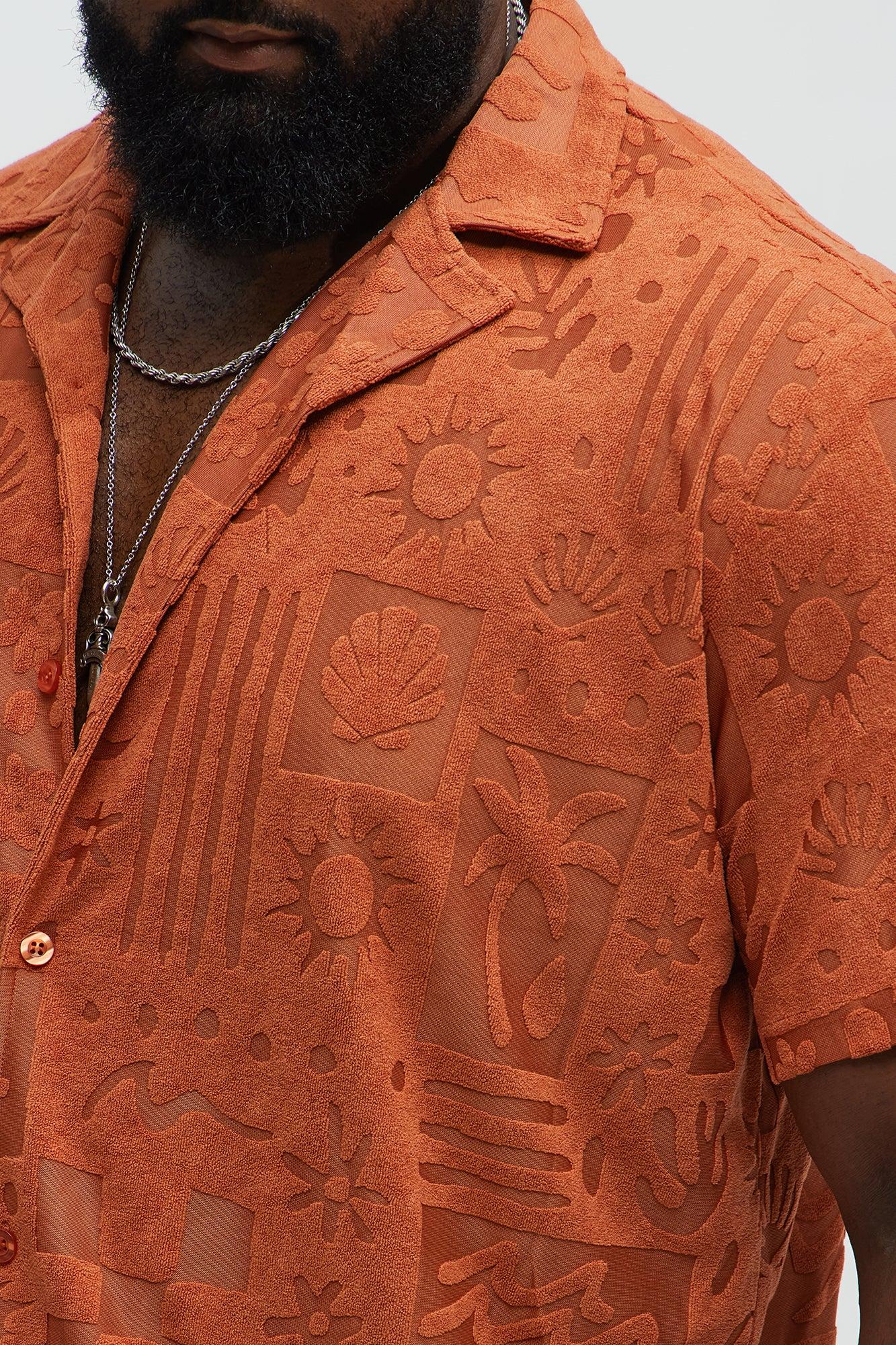 Tropical Trees Jacquard Short Sleeve Button Up Shirt - Rust Product Image