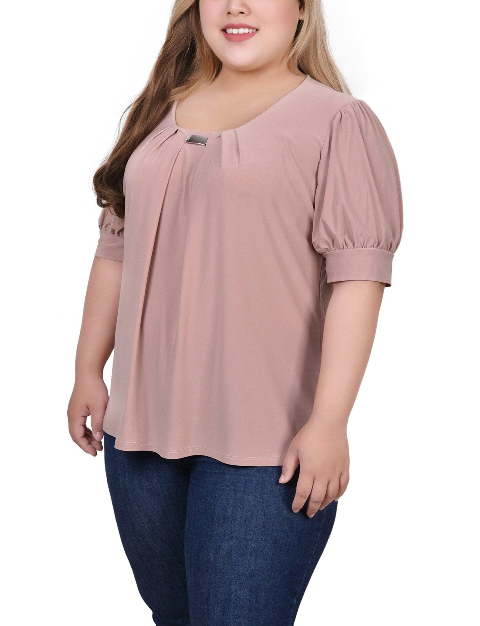 Oxford Tan Short Sleeve Balloon Sleeve Top With Hardware - Plus Product Image