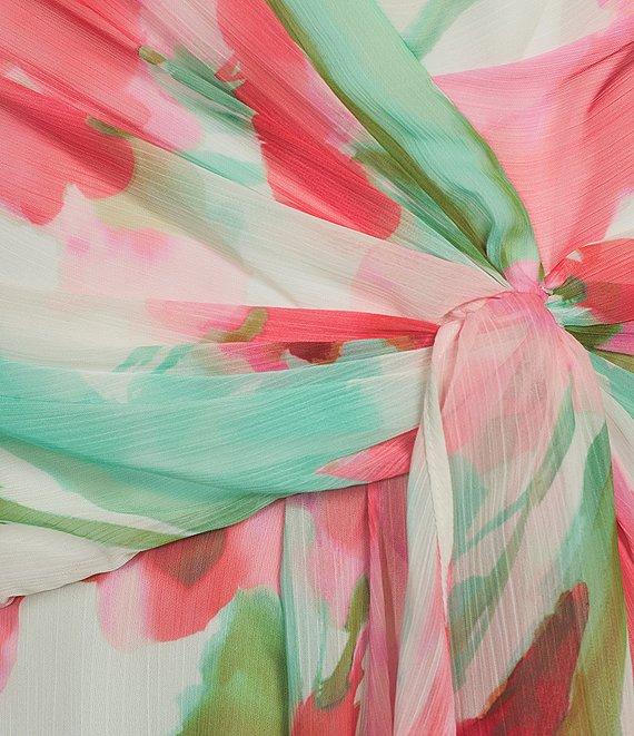 Adrianna Papell Chiffon Floral Print V Neck Sleeveless Front Drape A-Line Midi Dress Product Image